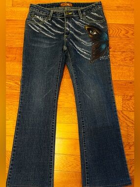 Embellished-Chic-One of a Kind Dark Blue Wide Leg Jeans with Artistic 3D Detail